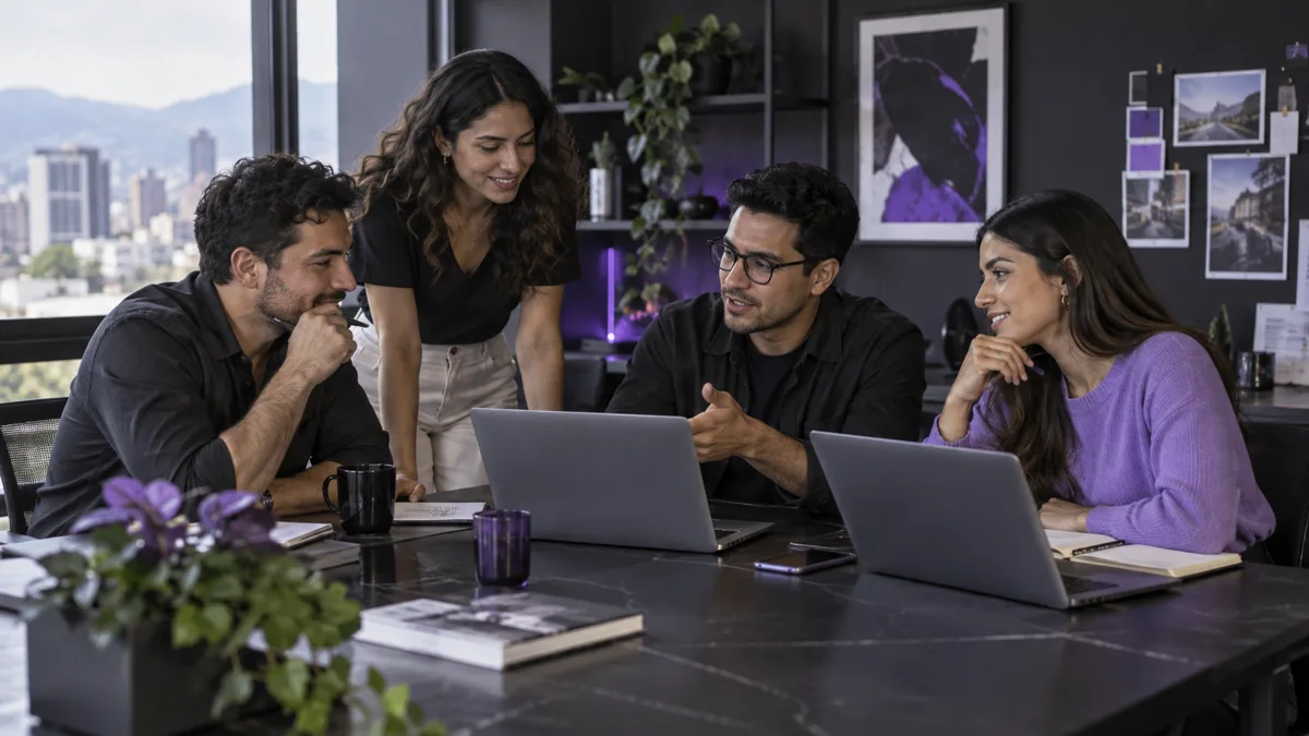 Escena ilustrativa de un equipo colaborando en una oficina